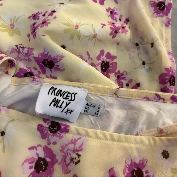 Princess Polly Nellie Mini Dress Yellow Floral 4, V-Neck, Tie Back - Picture 11 of 13